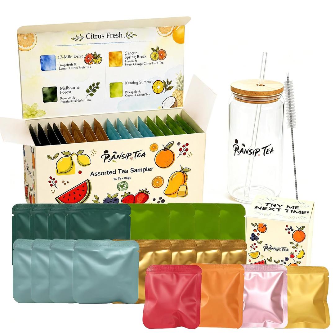 PanSipTea Citrus Fruit Tea Variety Pack, 20 Tea Bags with Glass Tumbler (EXP 12/01/26)