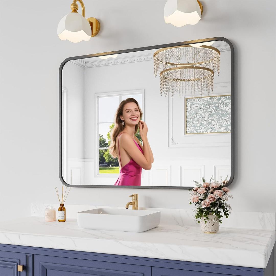 Koonmi Bathroom Mirror, 30X40 Inch Black Metal Framed Mirror for Bathroom, Tempered Glass, Anti-Rust, Rounded Rectangle Mirror for Restroom, Bedroom, Black