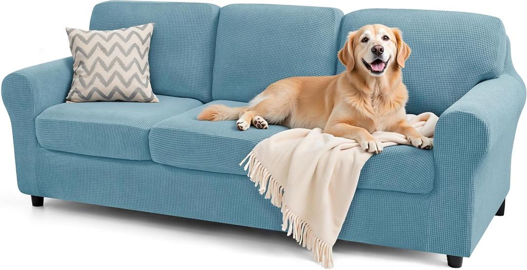 SUBRTEX 7 Pieces Stretch Sofa Slipcover,Couch Cover for 3 Cushion Washable Sofa Cover with Individual Backrest Cushion Covers for Living Room (Large,Steel Blue)