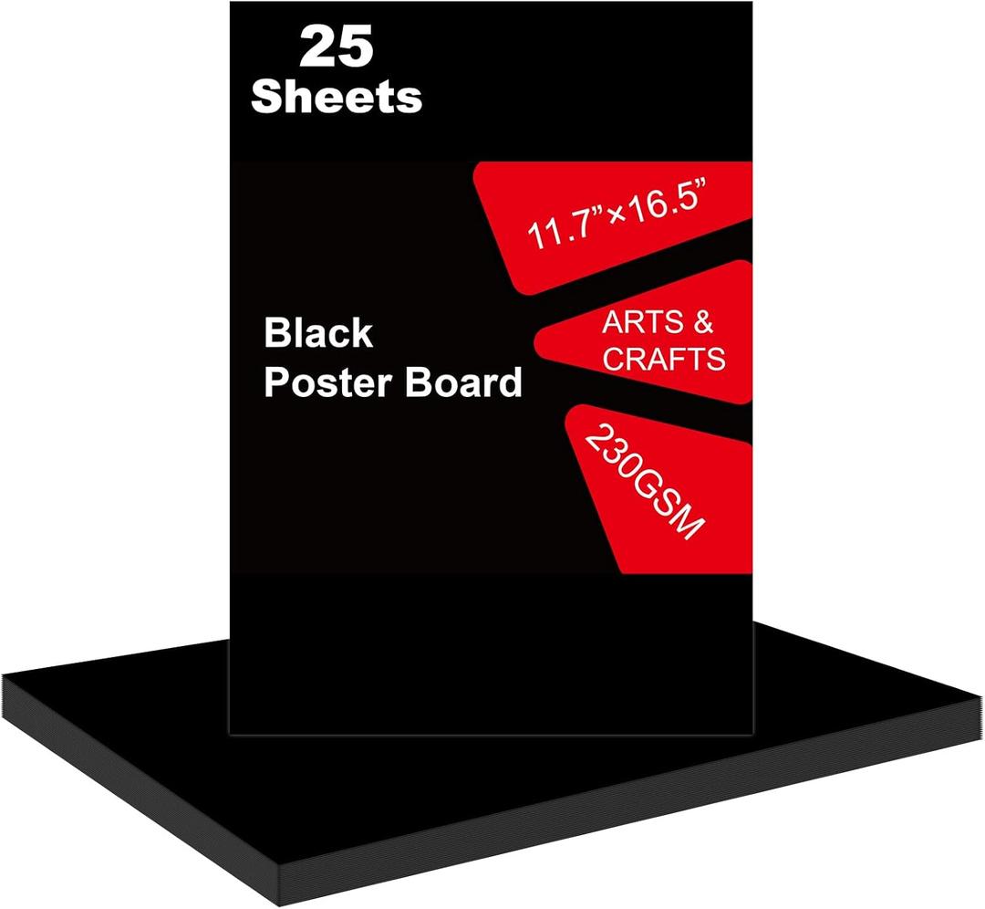 25 Pcs Black Poster Board 11.7 x 16.5 Poster Paper, ROOKEA Vision Boards Posterboard Bulk for School Projects Classroom Arts Craft Presentations Drawing Scrapbooking Blank Graphic Display