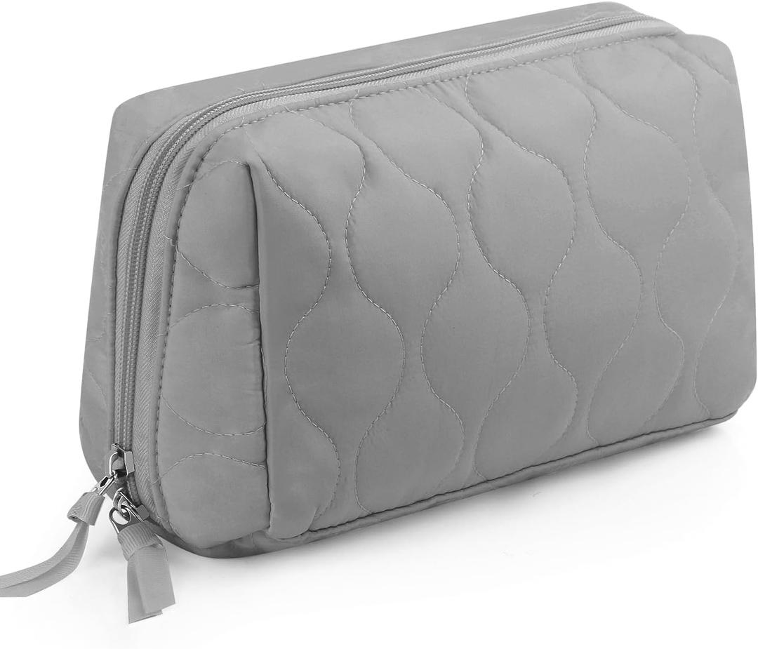 Travel Essentials Women's Makeup Bag, Lifestyle Products, Toiletries Organizer, Wide Mouth Fluffy Padded Women's Cosmetic Bag, Portable Large Capacity cosmetic organizer bag (light gray)