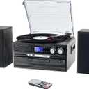 10-in-1 Vinyl Record Player 3 Speeds Turntable with 2 Separate Stereo Speakers, Bluetooth Gramophone with AM/FM Radio CD/Cassette USB/SD Player AUX-in/RCA outputs, Black