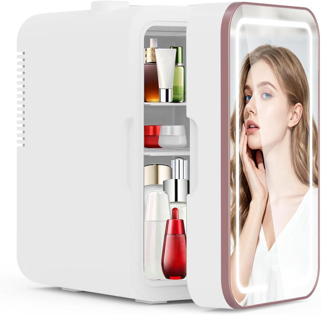 Mini Fridge for Bedroom, 6L Skincare Fridge with Dimmable LED Light Mirror for Dorm & Office, Portable Cooler & Warmer Small Compact Refrigerator for Skincare, Makeup and Cosmetics, White