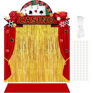VitalCozy 7pcs Casino Party Decorations Casino Night Party Porch Banners Red Rug Gold Foil Fringe Backdrop Curtains for Las Vegas Poker Dice Birthday Halloween Photo Background Door Entryway Decor