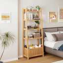 Bamjoy Bamboo Ladder Shelf, Bookshelf with 4 Display Shelves and 1 Open Storage Basket, Multifunctional Storage Rack Organizer for Home Office, Bedroom, Living Room, 66 H Natural, 11.6" Width