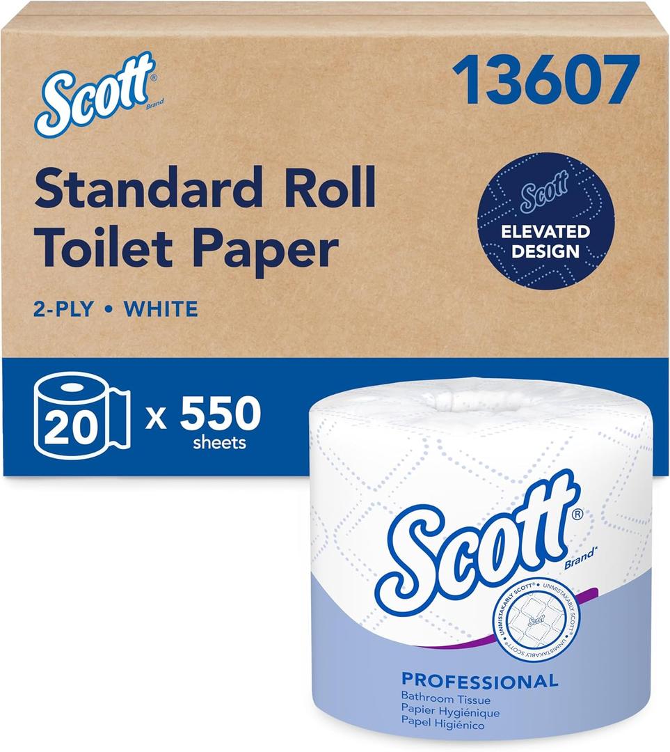 Scott Professional Standard Roll Toilet Paper, Bulk (13607), 2-Ply, Elevated Design, White, Individually Wrapped, Compact for Easy Storage (20 Rolls of 550 Sheets, 11,000 Sheet Total), 550 Count