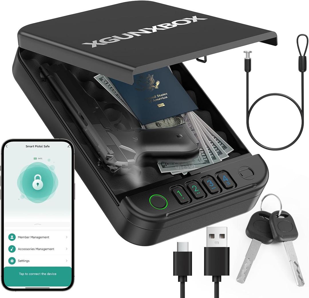 Gun Safe, Upgrade APP Control Portable Small Pistol Safe Travel Case, Biometric Gun Safes for Handgun, Fingerprint Quick Access Gun Box with Keys, Keypad and USB-C Port for Home Bedside Nightstand Car