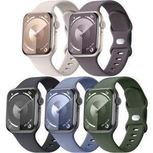 5 Pack Soft Silicone Bands - Compatible with Apple Watch Ultra 2 & Ultra Band 49mm 45mm 44mm 46mm 42mm 41mm 40mm 38mm Men Women, Maledan Sport Strap Band for Ultra 3/2/1 iWatch SE Series 11 10 9 8 7 6 5 4 (Black/ Starlight/ Clay/ Blue Gray/ Army Green)