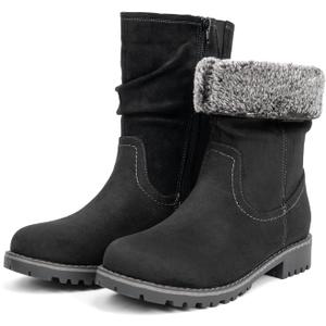 VJH confort Women's Mid Calf Boots Slouchy Riding Combat Low Heel Fur Lined Winter Zipper Booties (8.5, Black)