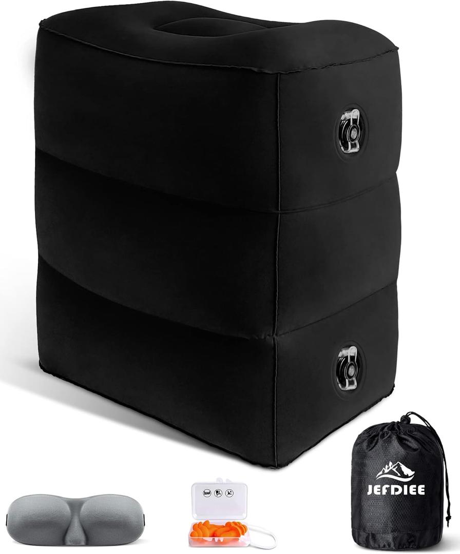 JefDiee Inflatable Travel Foot Rest Pillow, Kids Airplane Bed, Adjustable 3 Layers Height Leg Rest Pillow, Adults Travel Essentials Great for Airplane, Office, Home, Trains, Cars (Black) JefDiee Inflatable Travel Foot Rest Pillow, Kids Airplane Bed, Adjustable 3 Layers Height Leg Rest Pillow, Adults Travel Essentials Great for Airplane, Office, Home, Trains, Cars (Black)