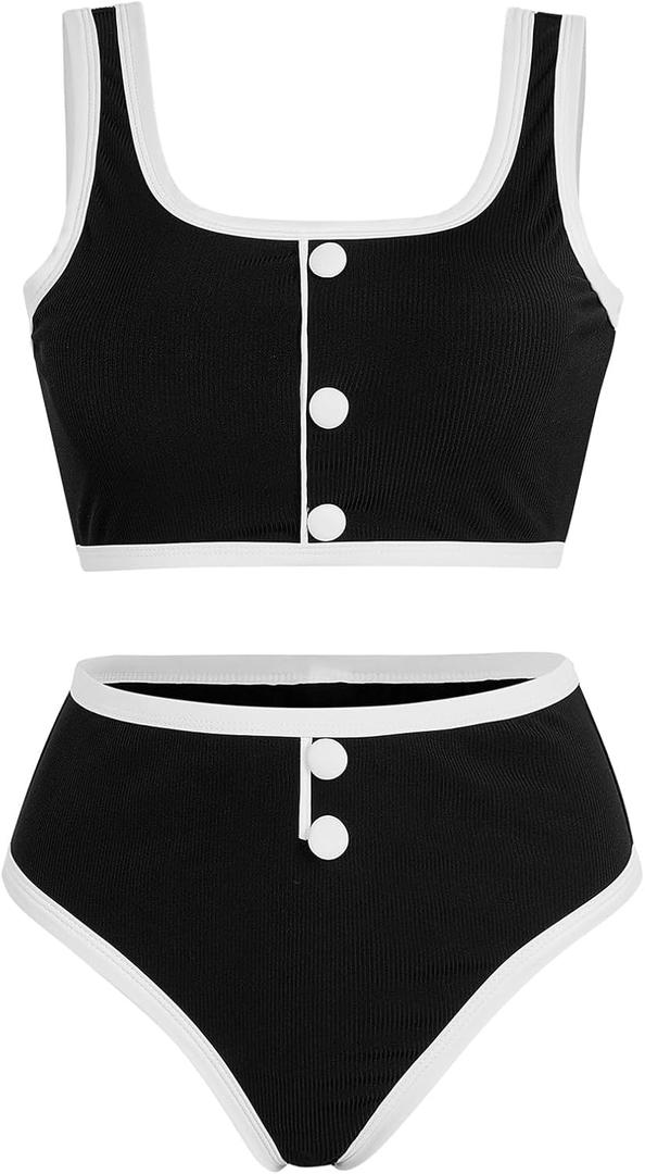 Verdusa High Waisted Bikini Sets for Women 2 Piece Wireless Tops and Panty Beach Vacation Clothes (Small, Black and White)