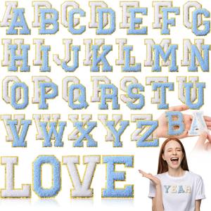 WILLBOND 52 Pcs Chenille Letter Patches A-Z, Self-Adhesive Alphabet Stickers, Embroidered Applique for Clothes, Bags, Hats, Backpacks, DIY, Name Craft, Wedding Gifts(Light Blue, White,2.2 Inch)