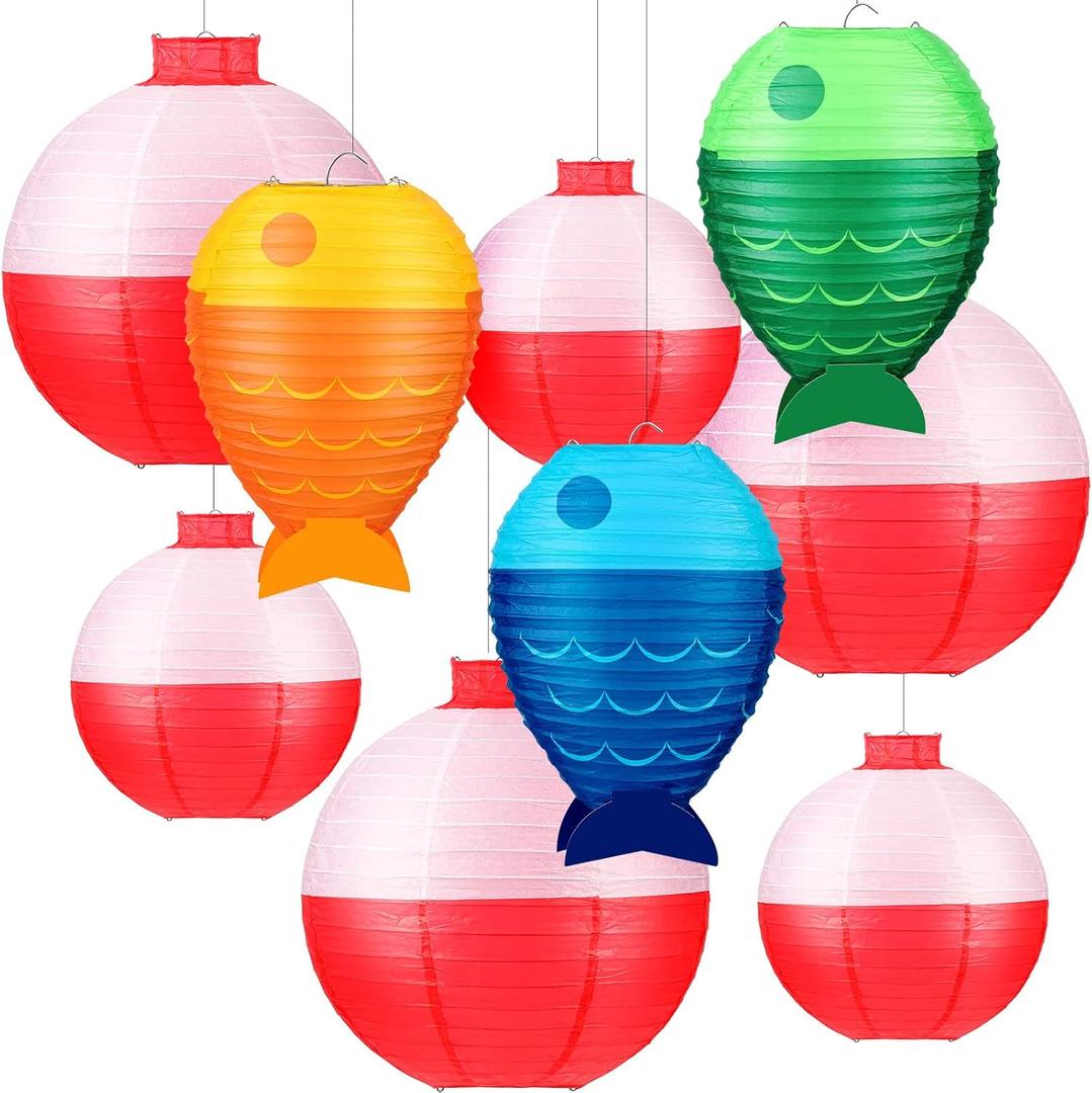 9 Pcs Fish Shaped and Bobber Paper Hanging Lanterns Set Fishing Party Decorations Paper Lanterns Colored for Party Red and White Round Birthday Supplies