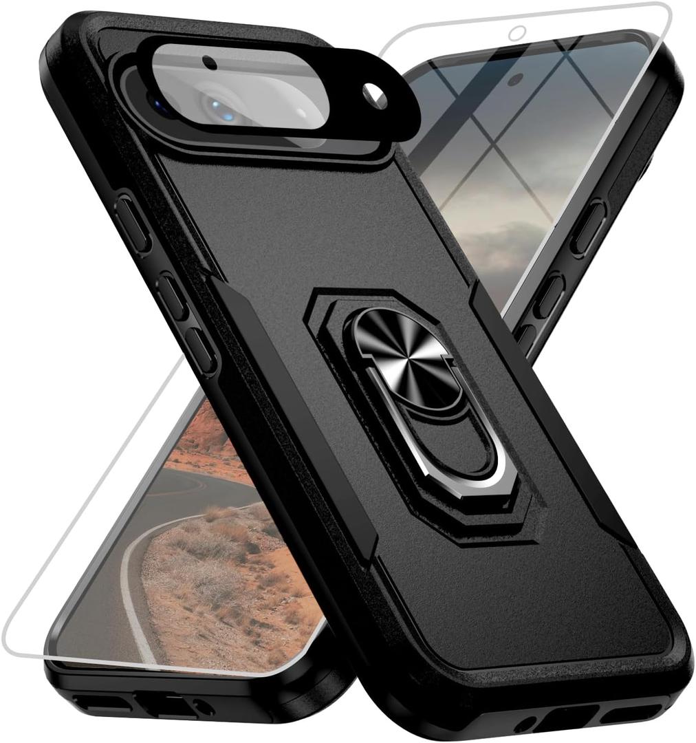 for Google Pixel 9 Case [15 FT Military Grade Drop Protection] with Screen Protector & Lens Protector Heavy-Duty Shockproof Kickstand Case for Pixel 9 (Black)