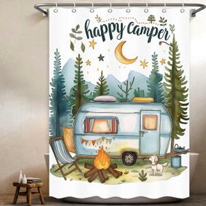 Happy Camper Small Stall RV Shower Curtain Rustic Tree Mountain Adventure Tent Camping Bathroom Curtains Travel Trailer Bathroom Accessories Set with Hooks 47 x 64 Inches (Blue)