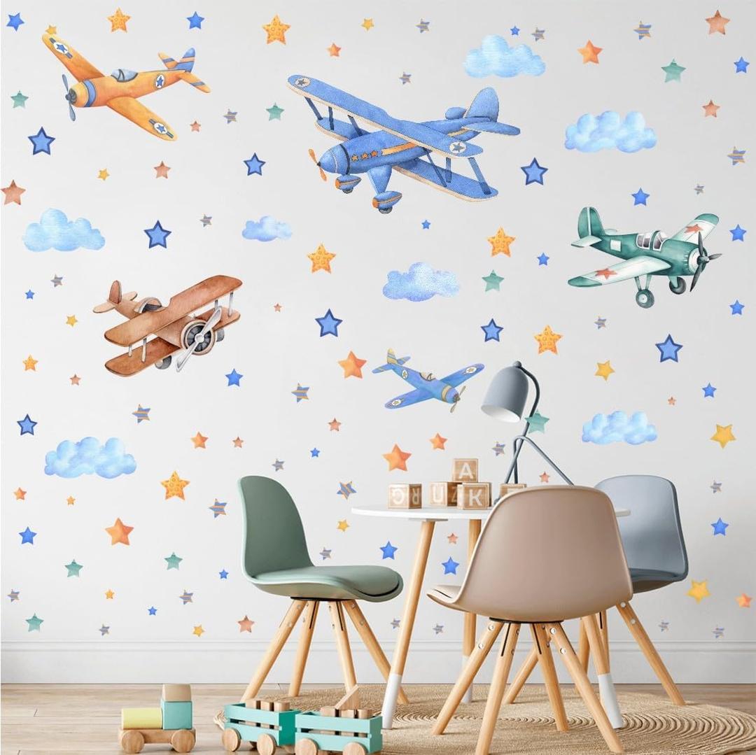 Watercolor Airplane Wall Decals, Classic Aircraft with Stars Clouds Vinyl Wall Stickers,Removable Vintage Airplane Artwork for Kids Boys Bedroom Kindergarten Playroom Decor