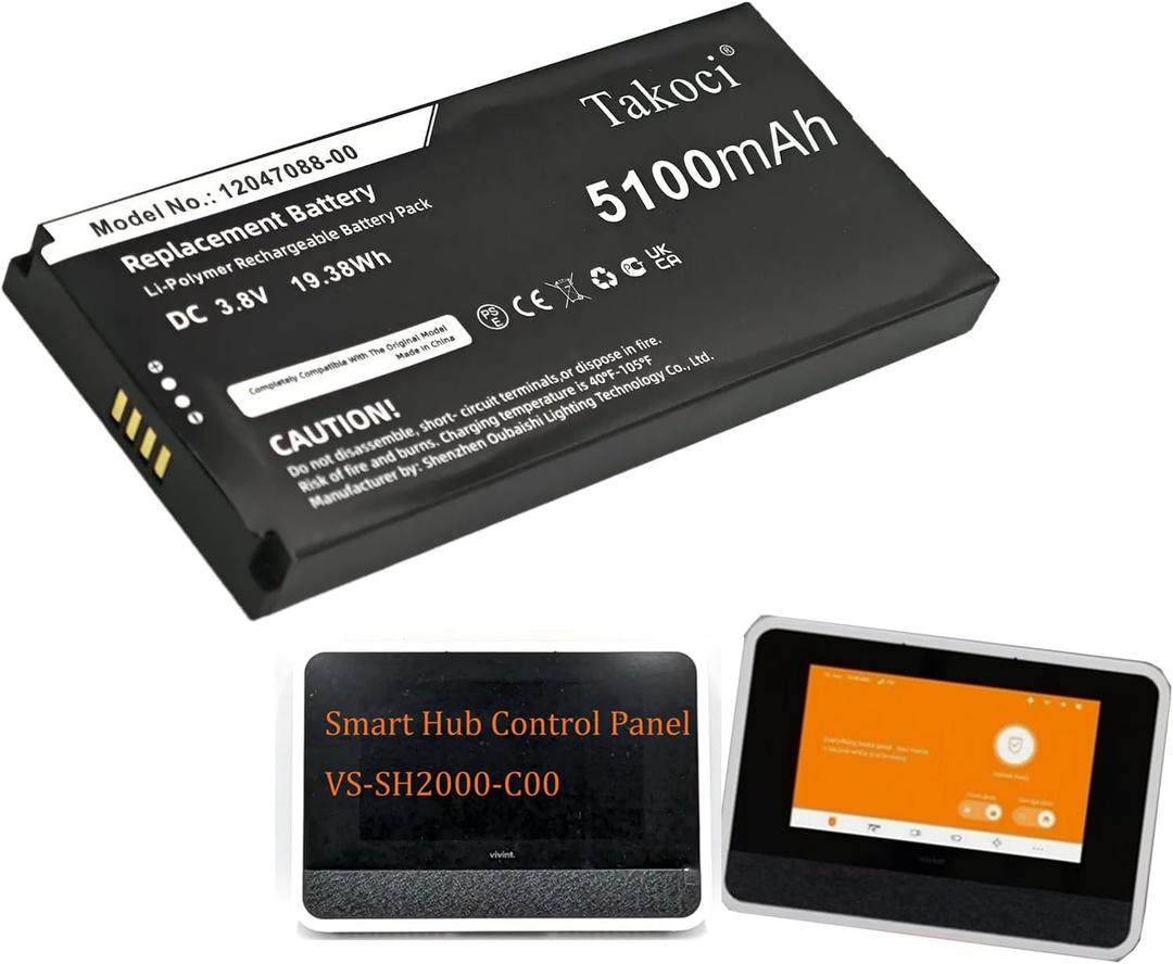 12047088-00, 10-600013-001 Replacement Battery for Smart Hub Control Panel,VS-SH2000-C00 Lithium Polymer 5100mAh/3.8V