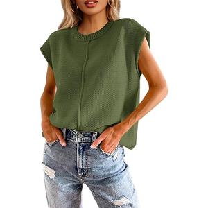 Saodimallsu Womens Summer Cap Sleeve Tops Casual Crew Neck Loose Fit Knit Lightweight Sweater Pullover Top, Army Green, Size M