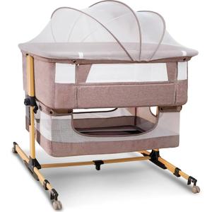Baby Bassinet, 3 in 1 Bedside Sleeper with Mattress and Mesh Sides, Mosquito Net, Storage Basket, with Rocking Function, 5-Height Adjustable, Easy Assemble Crib for Newborn, Khaki