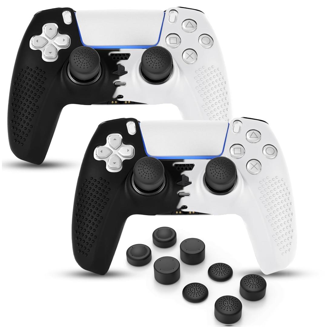 PS5 Controller Skin, Anti-Slip Soft Silicone Protective Cover Case for PlayStation 5 Controller Grip Accessories, 2 Pack with 8 x Thumb Grip Caps (Black Mix White)
