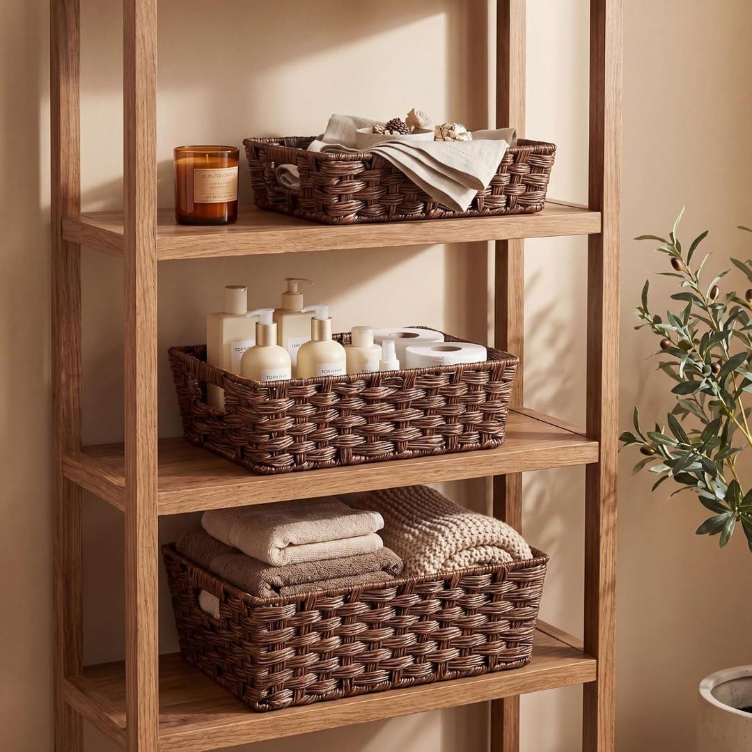 Set of 3 Large Wicker Storage Baskets for Shelves, Wicker Basket for Organizing, Waterproof Woven Baskets for Shelves and Pantry, Toilet, Bathroom, Bedroom, Patio(Brown)