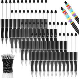 Crtiin 100 Pieces Plastic Beadable Pen Bulk Kit 50 Bead Ballpoint Shaft Black Ink Beaded Pens with 50 Refills for DIY Making Valentines Day Gift for Office(Black)