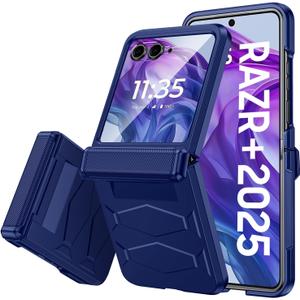 Vizvera for Motorola Razr+(Plus) 2025 Case with Hinge Cover,Built-in Screen Protector Shockproof All-Inclusive Smartphone Cover Wireless Charging for Motorola Razr+(Plus) 2025 (Blue)