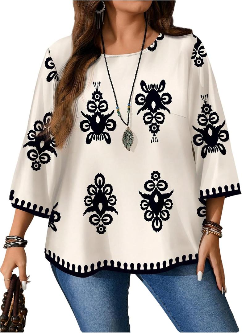 Floerns Women's Plus Size Graphic 3/4 Sleeve Shirts Crew Neck Casual Tunic Blouses (XX-Large Plus, Beige)