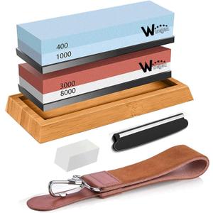 Wucgea Knife Sharpening Stone Kit - 400/1000 3000/8000 Grit Japanese Whetstone Sharpener set with Non-slip Rubber Base Angle Guide Flattening stone and Leather Strop
