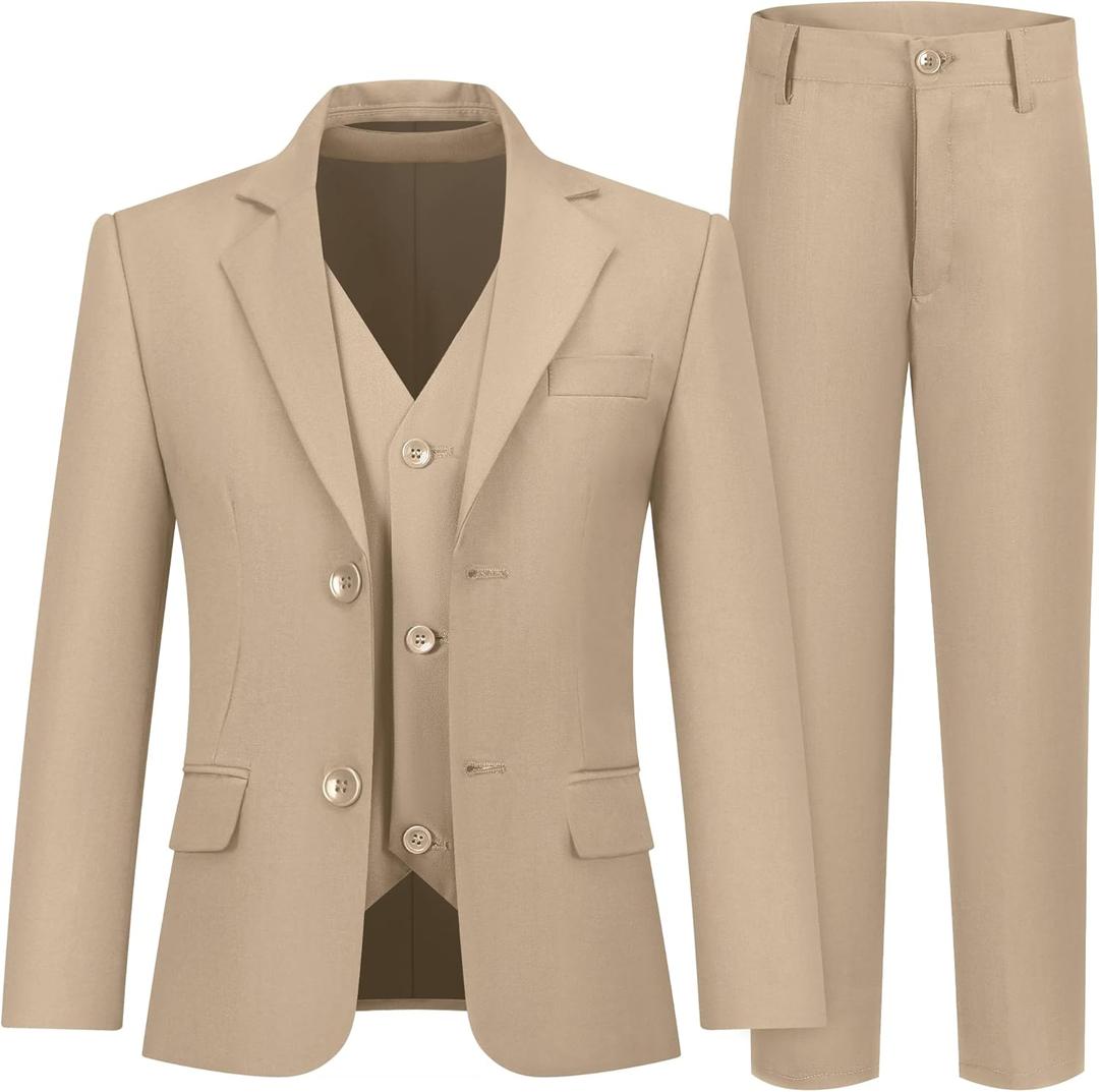 Boys' 3 Piece Suit Set with Suit Jacket, Vest, Pants, Formal Tuxedos Slim Fit Ring Bearer Outfit (Khaki,10)