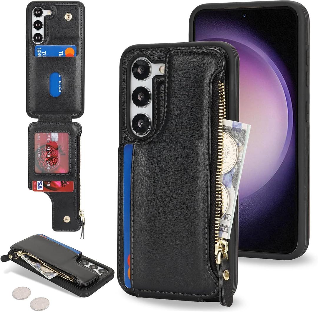 Cavor for Samsung Galaxy S23 Case Wallet, for Galaxy S23 Wallet Case with Card Holder for Women Men,Leather Zipper Pocket Card Slots Phone Cover-Black