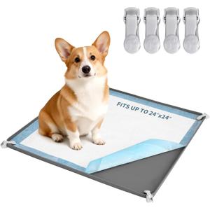 Pee Pad Holder for Dogs 24" x 24", Silicone Potty Tray with 4 Holder Clamps, High Edge No-Spill Dog Training Mat, Non-Slip Puppy Pad Tray Floor Protection for Indoor Use - Gray