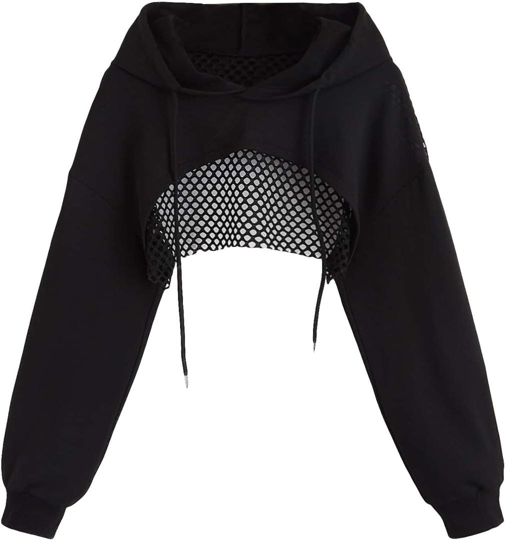 COZYEASE Women's Sports Cropped Sweatshirt Hollow Out Crop Tops Drop Shoulder Drawstring Pullover Cropped Hoodie (Medium, Black)