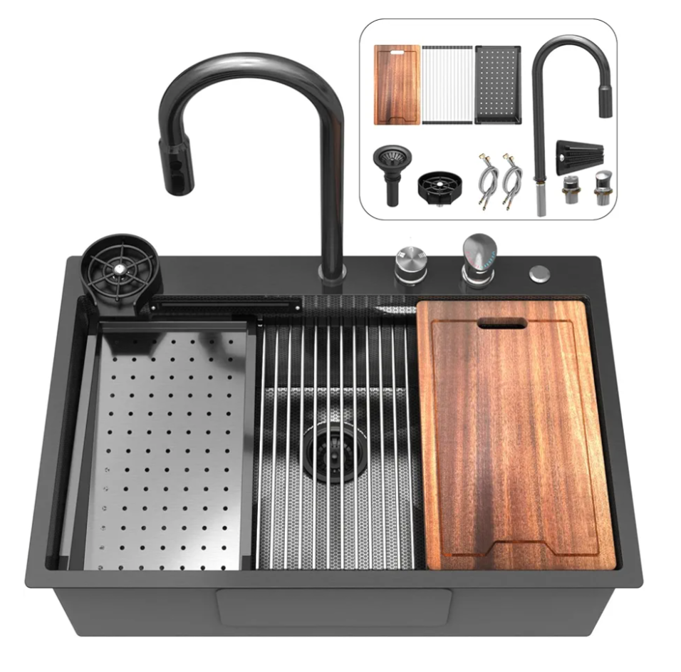 33 inch Waterfall Kitchen Sink Metal Black -Feibus 33x22x10 Drop In Sink with Faucet Combo Double Step Workstation 16 Gauge Multifunctional Stainless Steel Single Bowl