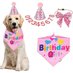 ADOGGYGO Dog Birthday Party Supplies, Pink Girl Puppy Birthday Bandana Hat Numbers Bow Set for Large and Extra Large Dogs (X-Large)