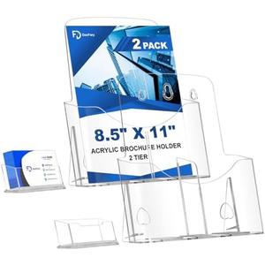 2 Pack Acrylic Brochure Holder 8.5 x 11 in with Business Card Holder, 1-Tier Brochure Display Stand with Removable Divider for 4 x 9 Inches Trifold Pamphlets, Clear Flyer Holde