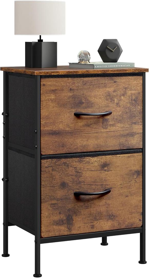 WLIVE Night Stand, Small Dresser with 2 Drawers & Wooden Top, Nightstand with Fabric Bins, Bedside Table End Table for Bedroom, Closet, Entryway, College Dorm, Rustic Brown (11.8"D x 15.7"W x 24.9"H)