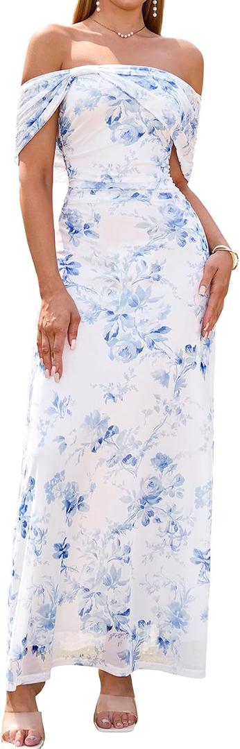 KUTUMAI Women Off Shoulder Summer Floral Maxi Long Wedding Guest Dress (White, XS)