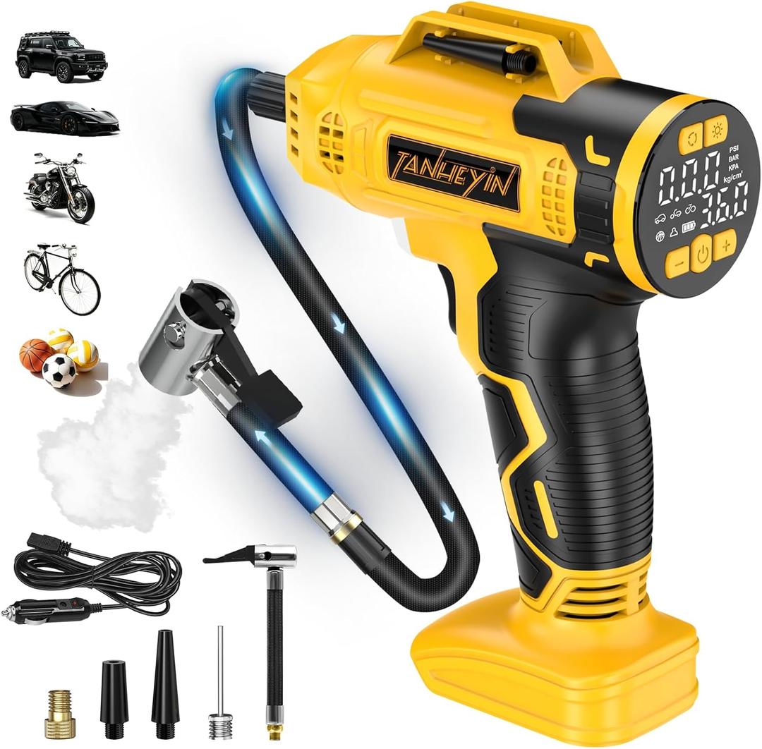 Portable Tire Inflator Air Compressor Compatible with Dewalt 20V Battery, DC 12V Car Power Supply, 160PSI Cordless Air Pump with LCD Pressure Gauge, LED Light, 5 Preset Modes for Car, Bike, Ball