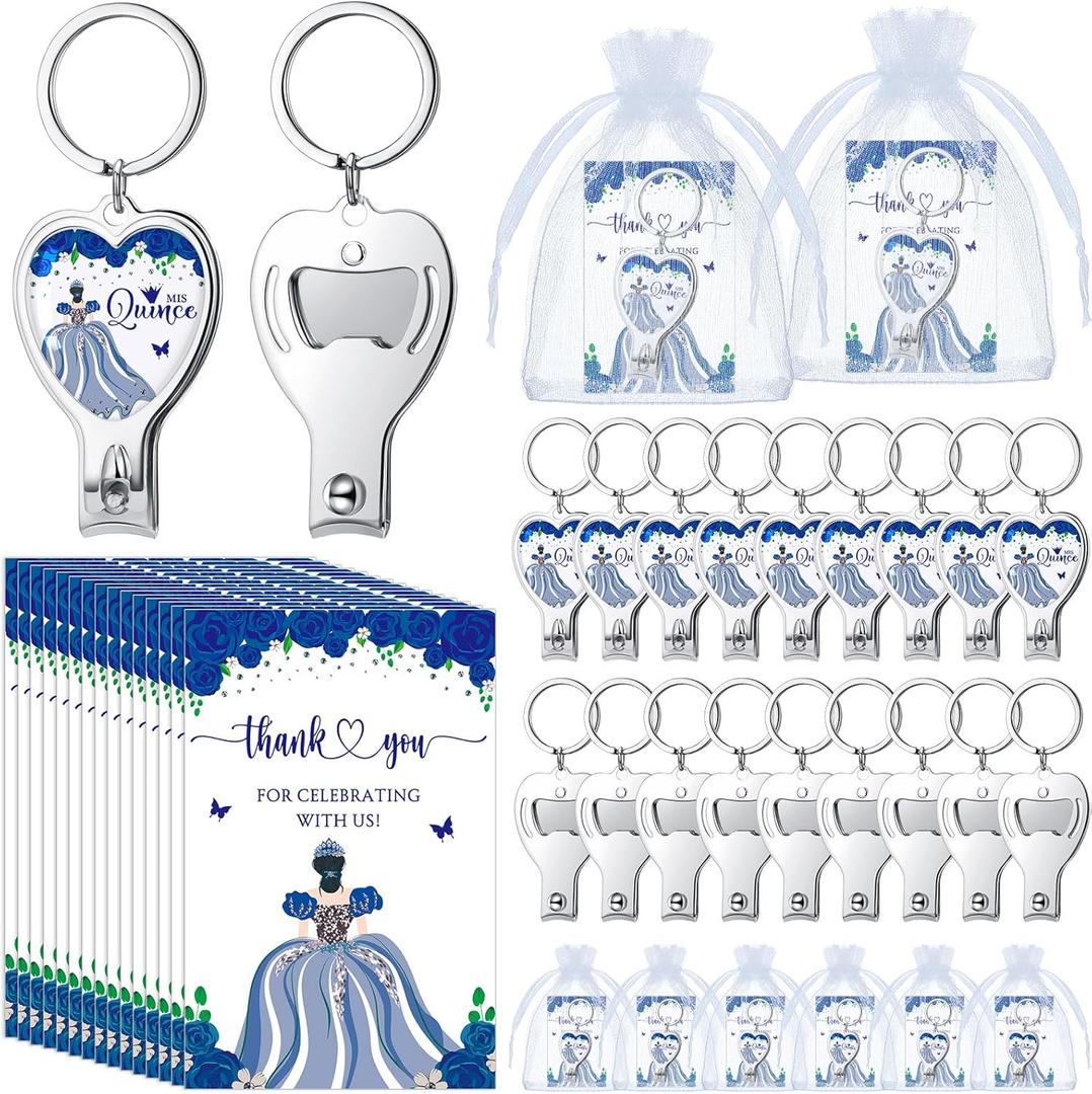 Landical 50 Sets Blue 15th Quinceaera Party Favors Includes Quince Keychain Bottle Opener Nail Clipper Thank You Cards Organza Bags for Guests Sweet 15 Birthday Party Adults Souvenirs