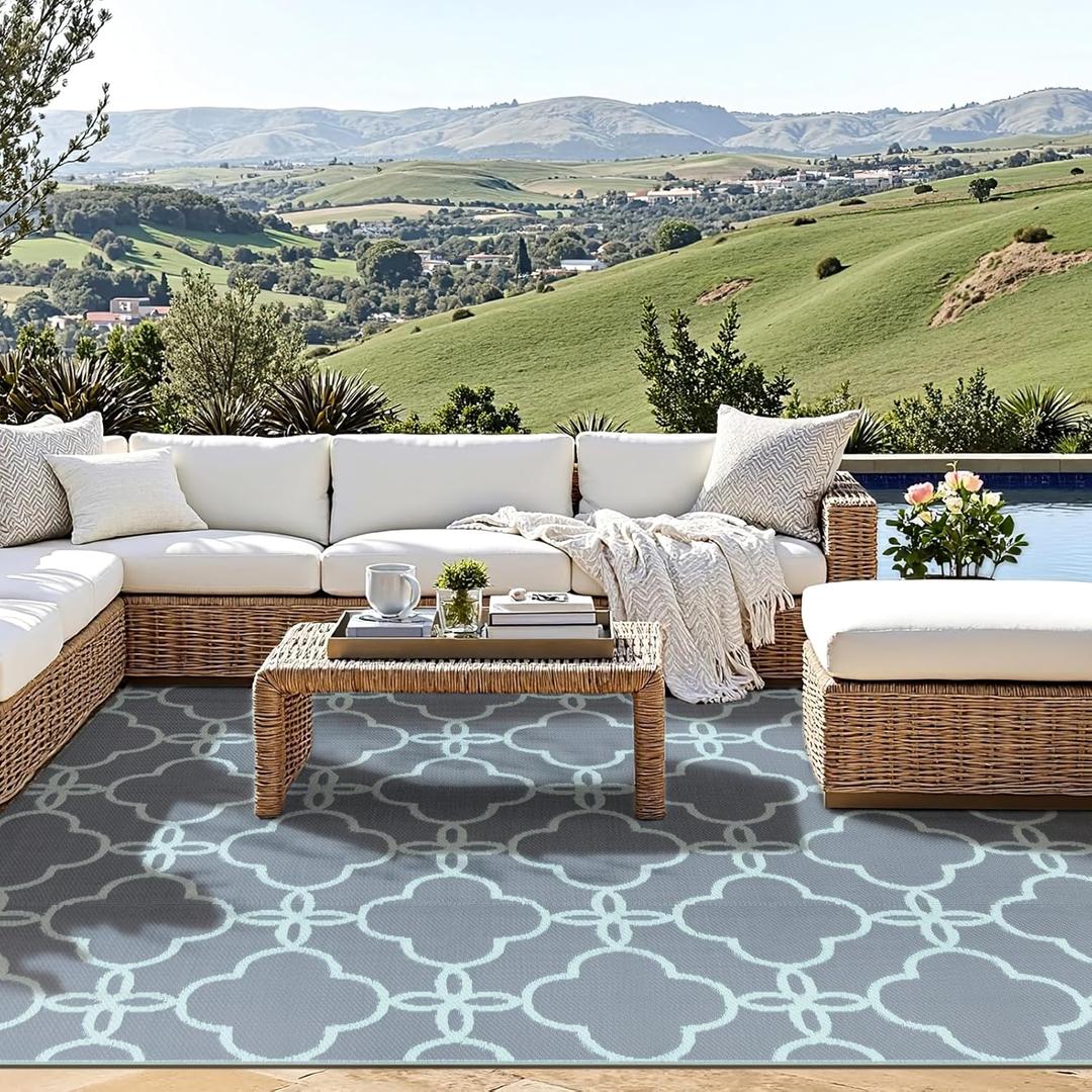 Ashler Outdoor Plastic Straw Rug Waterproof for Patio, Clearance Reversible Camping Mats, 9'x12' Large Outdoor Area Rugs with Carrying Bag, for RV, Picnic, Backyard, Indoor, Grey Blue