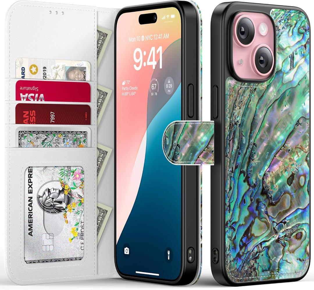 FUNMIKO for iPhone 13 Mini Case Wallet,Detachable Flip Folio Leather Cover,RFID Blocking 4 Card Slots Holder,Magnetic Kickstand,Protective Phone Shell for Women Girls 5.4",Green Oyster Shell