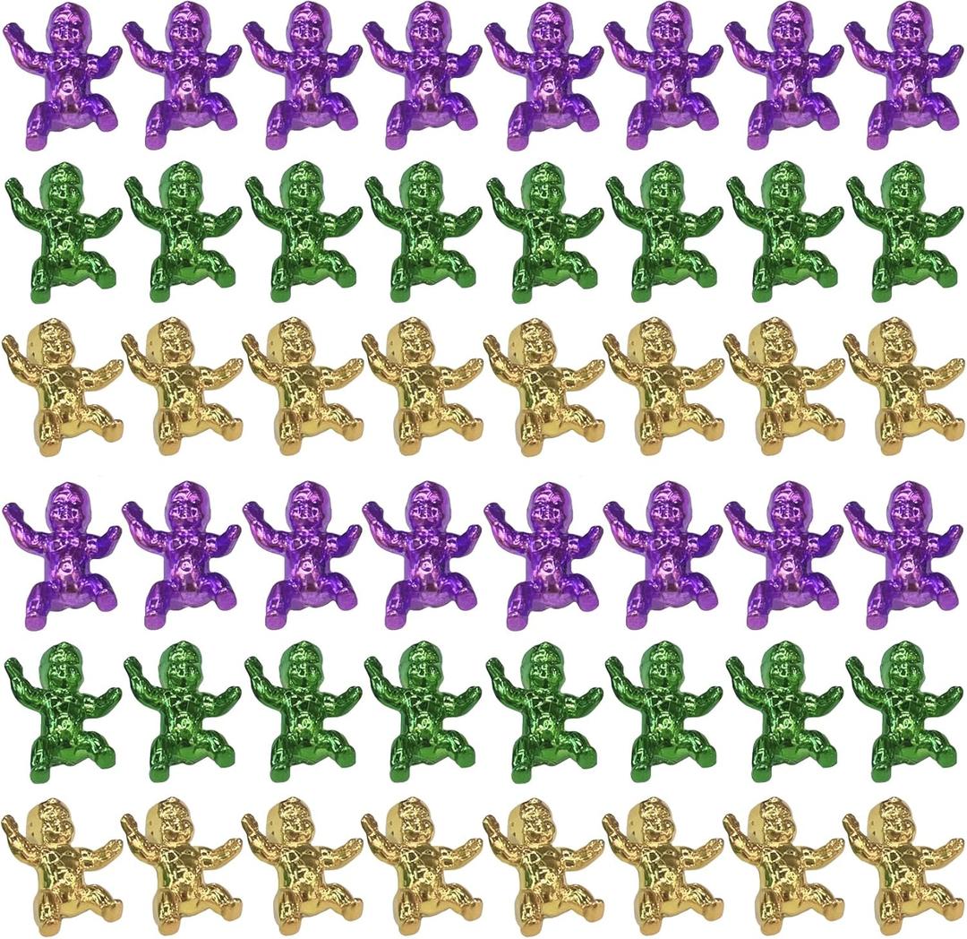 Mardi Gras King Cake Babies 1.2inch Mini Plastic Babies Metallic Gold Purple Green Mardi Gras Babies for King Cake Tiny Baby Figurines for Ice Cube Baby Shower Games Mardi Gras Cake Decorations (48)