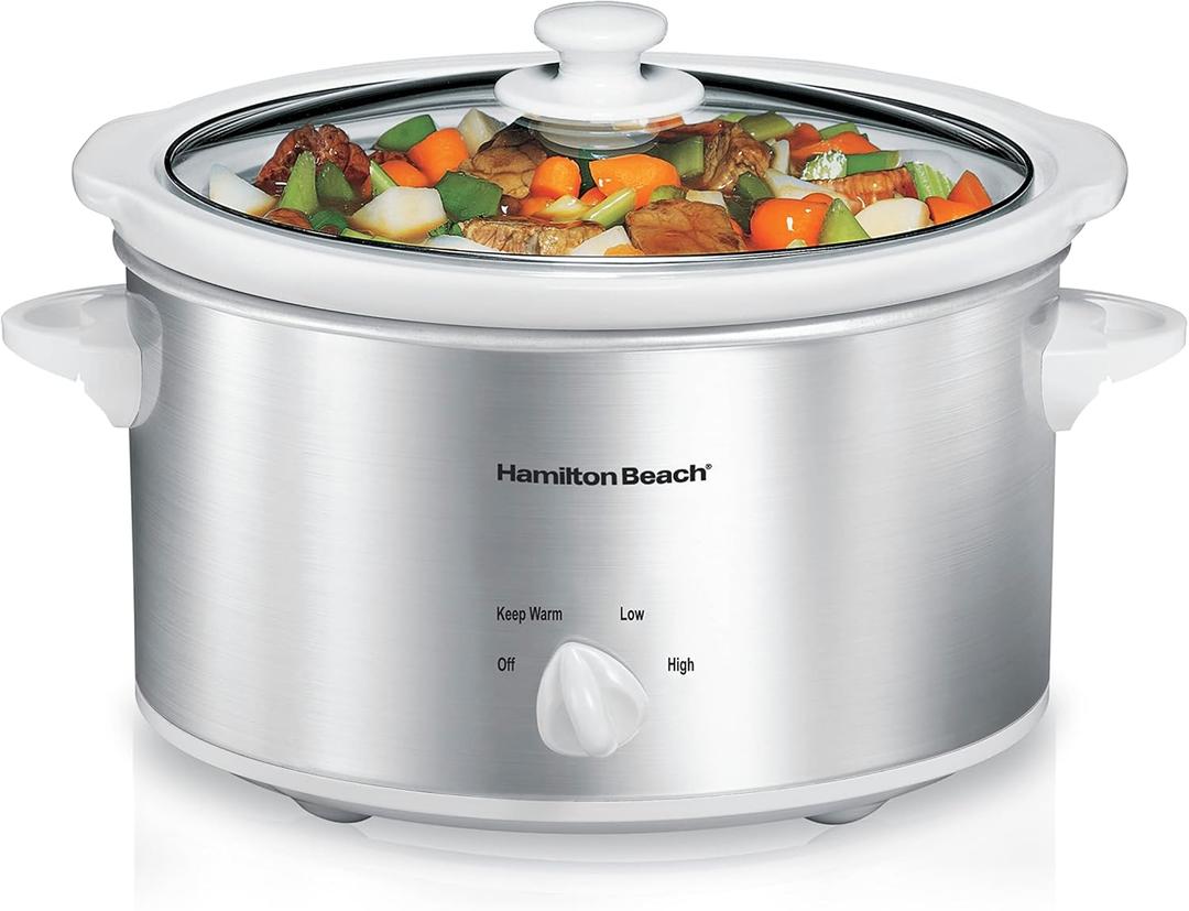 Hamilton Beach 4-Quart Slow Cooker with 3 Cooking Settings, Dishwasher-Safe Stoneware Crock & Glass Lid, Stainless Steel (33140G) (Silver & White)