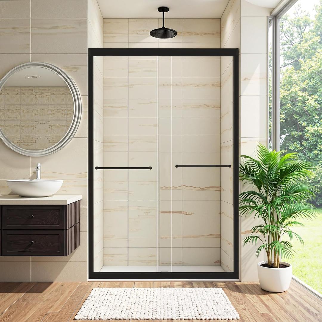 Shower Door 44-48" W x 72" H, Double Sliding Glass Door, Semi-Frameless Shower Doors with 1/4" (6mm) Thick SGCC Tempered Glass, Stainless Steel Handles, Matte Black