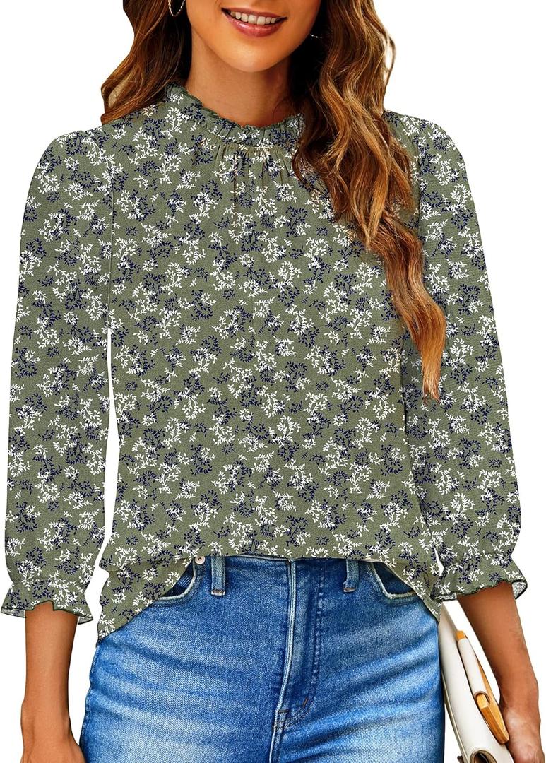 SimpleFun Womens Blouses 3/4 Sleeve Ruffle Neck Printed Business Casual Tops Flowy Dressy Work Shirts (Green, M)