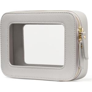 Popvibe Clear Makeup Bag Travel Cosmetic Case Transparent Toiletry Bag with Zipper, Portable Make Up Organizer Traveling Compact Car Bag for Essentials (Beige Grey)