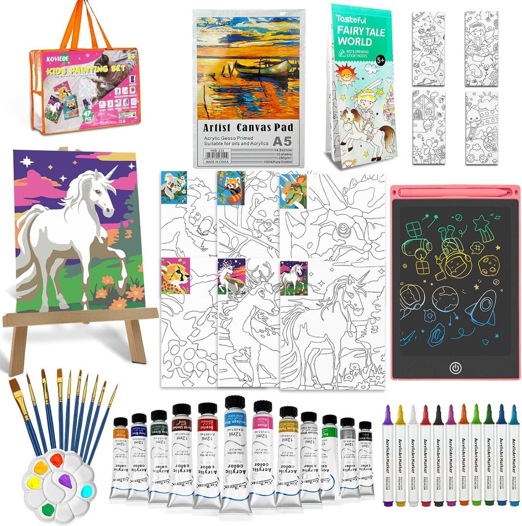 48 PCS Paint Kits for Kids with Writing Tablet, 12 Acrylic Paints, 12 Markers, 10 Brushes, 6 Canvas Panels, 3 Coloring Books Wood Easel, Paper Pad for Beginner Toddlers 48 PCS Paint Kits for Kids with Writing Tablet, 12 Acrylic Paints, 12 Markers, 10 Brushes, 6 Canvas Panels, 3 Coloring Books Wood Easel, Paper Pad for Beginner Toddlers