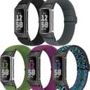5 Pack Elastic Nylon Watch Bands Compatible for Fitbit Charge 6/Fitbit Charge 5, Adjustable Breathable Replacement Stretchy Nylon Loop Wristband Sport Strap for Women Men (Black+Indigo+Navy Green+Purple+Boho Blue)