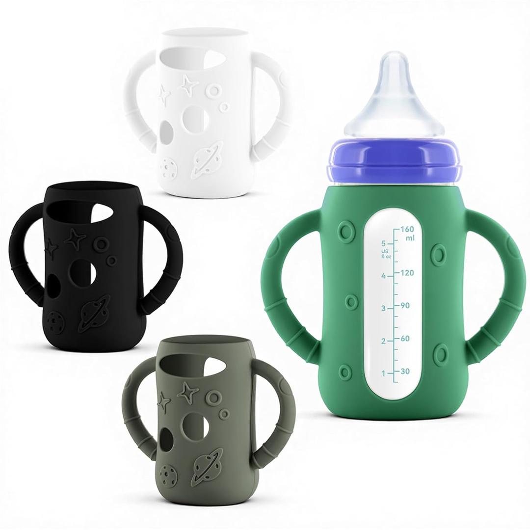 4-Pack Silicone Sleeves for Lansinoh Glass Bottles 5 oz-Starry Sky Design Baby Bottle Holder with Handles,Protectors for Lansinoh Natural Wave Glass Bottles, Anti-Scald Feeding Supplies (Black+Dark Grey+White+Dark Green)